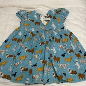 Pink Chicken Blue Dog Print Cotton Dress with Mustard and White Accents